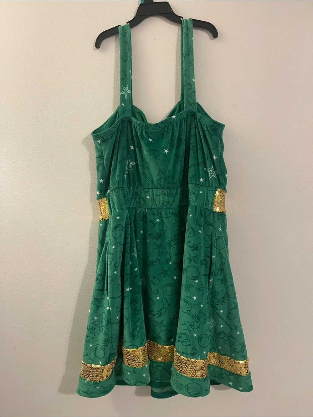 Green Grinch-Themed Girls Holiday Dress with Gold Sequin Trim